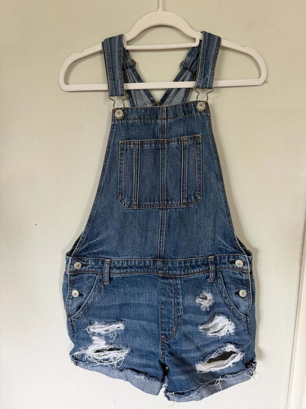 American Eagle Women's Distressed Denim Shortalls Overalls - Picture 1 of 7